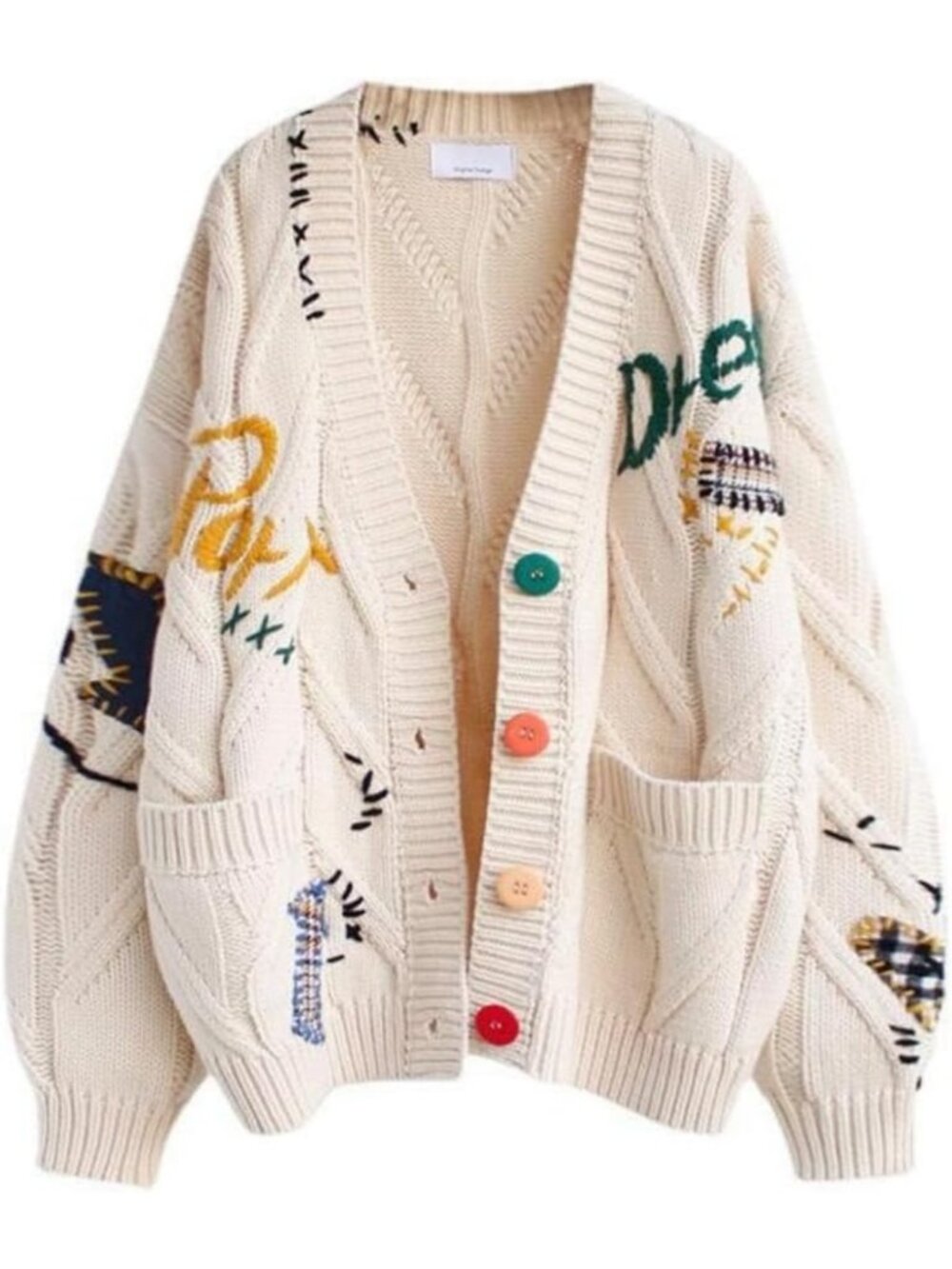 Cozy Y2K Embroidered Heart Cardigan Sweater with Pockets - Button-Down Knit Coat